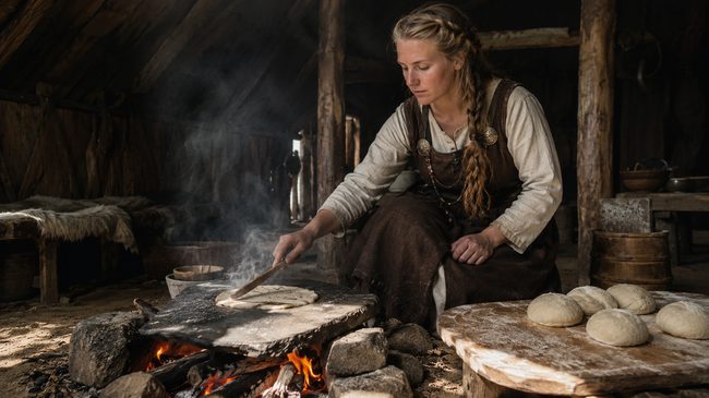 Baking bread over the hearth fire