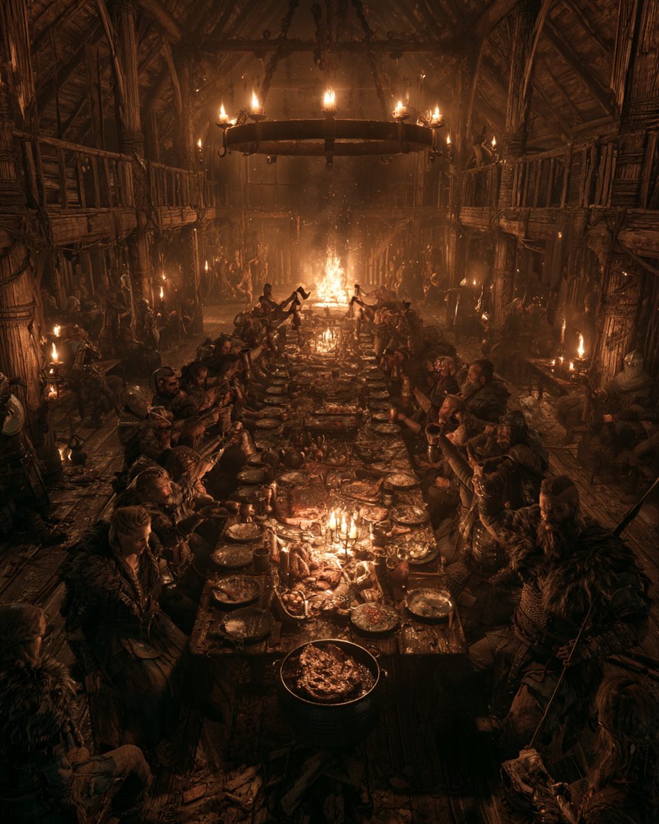 Feast at the long table in the longhouse