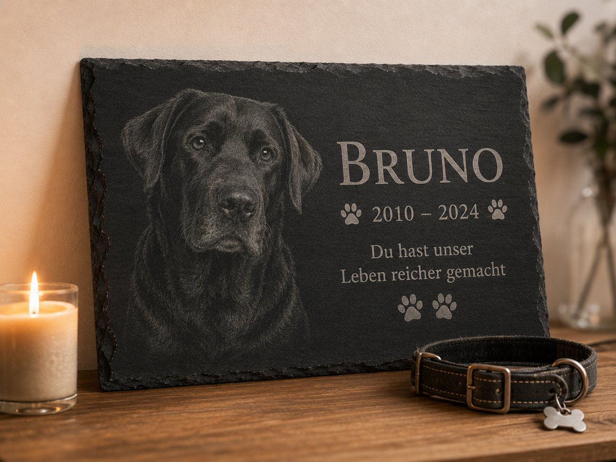 Fotogravur eines Hundes auf Schiefertafel 30x40